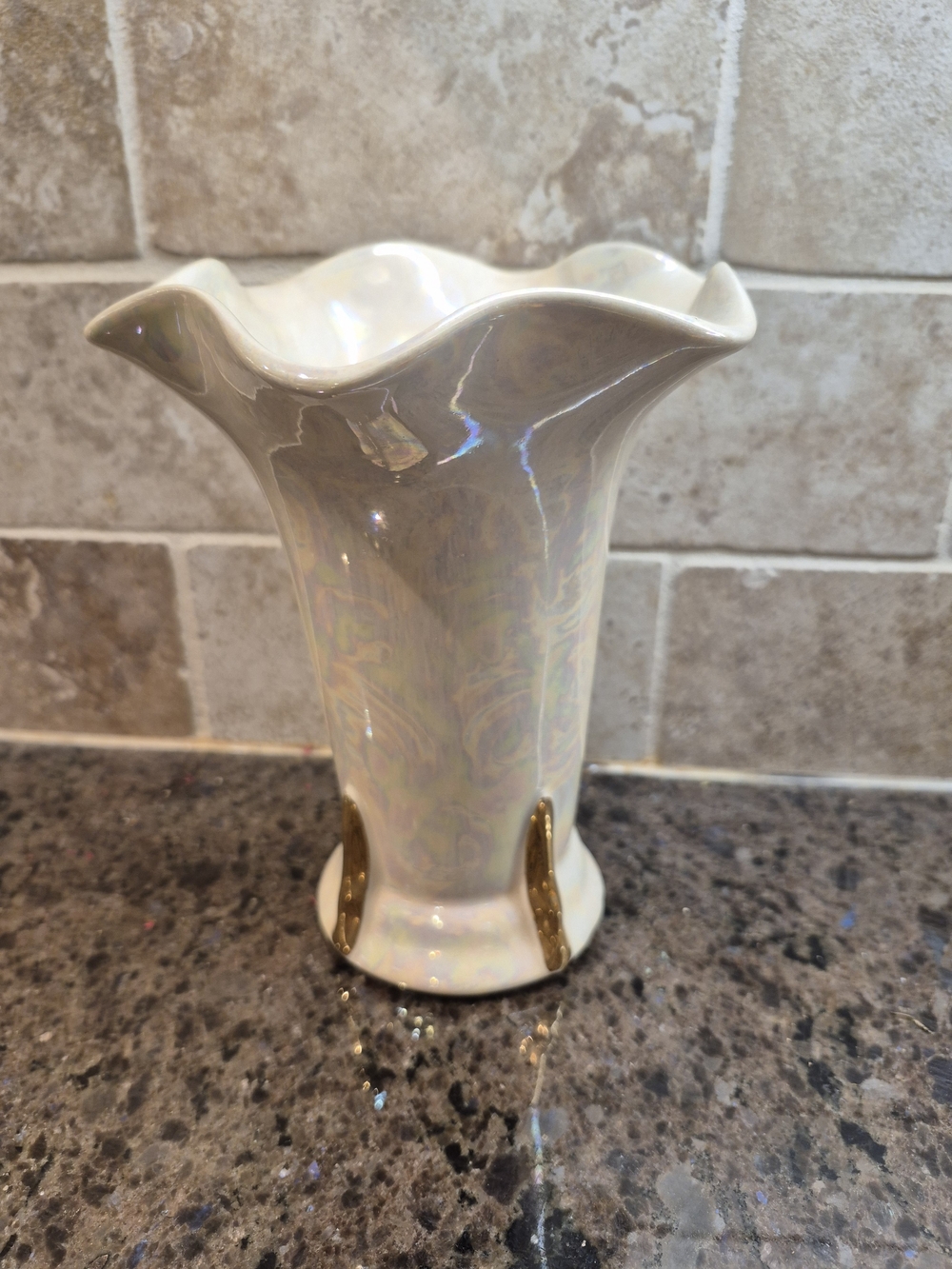 Vintage Opalescent Iridescent White 7" Flared Flower Vase‎ with Gold Accent